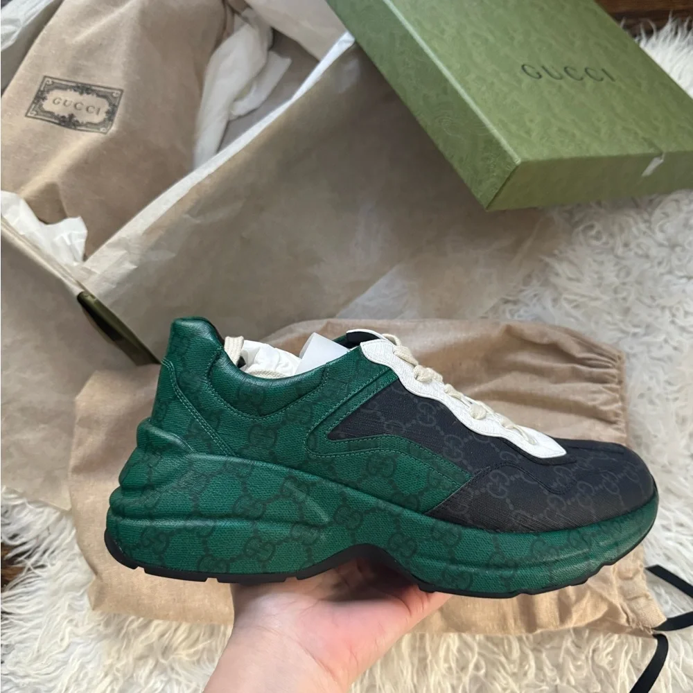 GUCCI MEN'S SHOES GREEN, BLACK & WHITE NYLON GG SUPREME RHYTON SNEAKERS - Picture 2 of 10